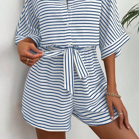 Multicolor Casual Women's Striped & Printed Collar Belted Jumpsuit - Picture 4 of 6